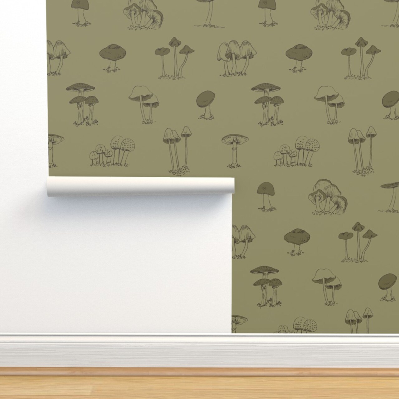 Cute Green Mushrooms Forest Olive Woodland Boys Botanical Cottagecore Nature Custom Pre-pasted Wallpaper by Spoonflower Pre-Pasted Wallpaper 2FT Wide